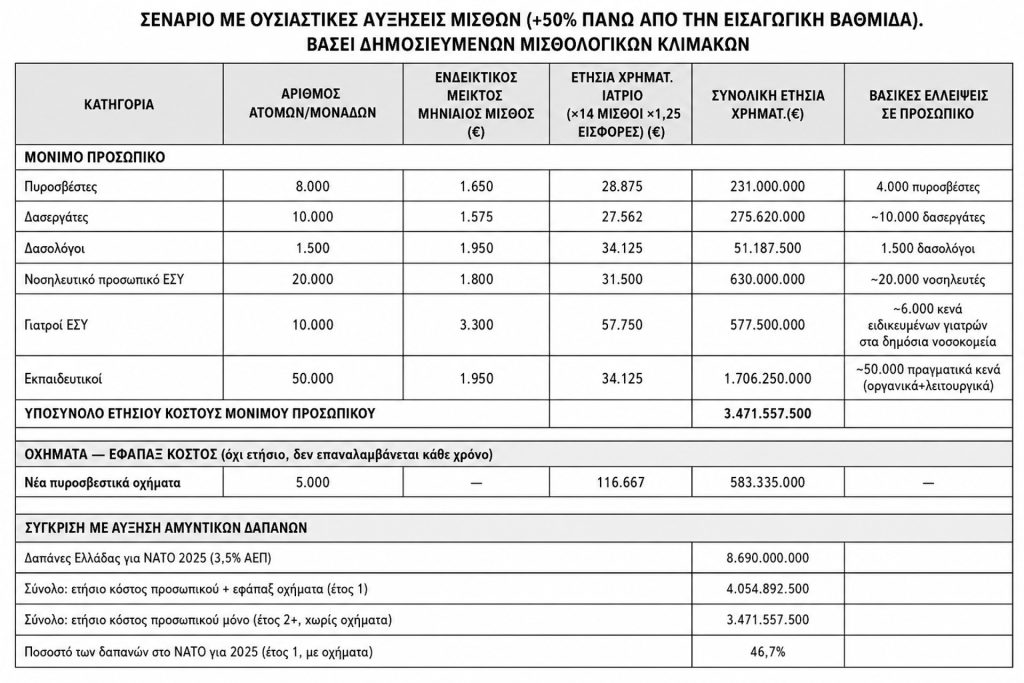 Πίνακας: Σενάριο για το πώς θα μπορούσαν να αξιοποιηθούν οι δαπάνες δισεκατομμυρίων που σήμερα δίνονται στο ΝΑΤΟ, αν κατευθύνονταν στην κάλυψη των αυξημένων κοινωνικών αναγκών του λαού σε Υγεία - Παιδεία - Πολιτική Προστασία. Σενάριο για μόνιμο προσωπικό 12μηνης απασχόλησης, με ουσιαστικές αυξήσεις μισθών (ενδεικτικά, +50% πάνω από την εισαγωγική βαθμίδα, βάσει δημοσιευμένων μισθολογικών κλιμάκων, βλ. π.χ. για πυροσβέστες) και 14 μισθούς, και δημοσιευμένα στοιχεία για το μέσο κόστος ανά πυροσβεστικό όχημα